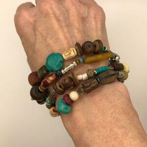 Turquoise colored, wood, other gemstones in 4 strand bracelet lobster clasp